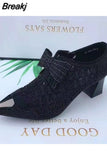 Mesh Shoes Women's 2023 Summer Fashion Rhinestone Square Heel Pointed Toe Size 43 Zipper Bow Sandals Women