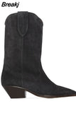 Suede Embroidered Mid-Calf Boots Women Designer Shoes Thick Heel Pointed Toe Cowboy Boots for Women Knight Botas