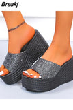 Wedge High Heeled Women Sandals New Arrived 2023 Bling Sequin Lady Slipper Peep Toe Comfort Walk Causal Sandals Plus