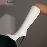 Plus Size 34-48 Knee High Boots Women Sexy Super High Heels Shoes 6 Colours Fashion Pointed Toe Patent Leather Party