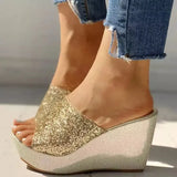 gold silver Sequine Platform Slippers Women Wedge Slides Slippers Summer Beach Slippers Casual Mules Heels