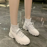 Boots Women Autumn New Knitted Elastic Short Ankle Boots Platform Lace Up Casual Outdoor Sports Short Botines Black