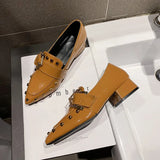 Spring New Women Pointed Toe Rivet Thick Heels Loafer Retro British Style Belt Buckle Slip on Chunky High Heels Women