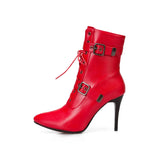 Winter 2023 Mid-Calf Boots Women Pointed Toe Super High and Thin Heel Shoes Buckle Cross-Tied Decorate Size 3~19