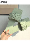Fashion Weave Slippers Women Square Toe Flat Casual Shoes Women Slide 2023 Summer Flip Flops Beach Sandal Slipper Big