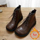 British Style Wide-Head Small Leather Boots Keep Warm Zipper Short Boots Student Literary Women Boots Womens Ankle