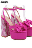Buckle Platform Women Sandals Summer 2023 New Hot Sexy Elegant Rhinestones Shoes Thick Heels Sandals Bowknot Decor