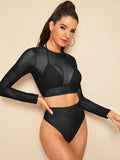 Long-Sleeved Hooded Yarn Bikini Swimsuit Split High-Waist Triangle Three-Piece Set Swimsuit