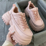 Solid Color Thick Bottom Women Shoes Lace-Up Casual Round Toe Women's Sneakers Outdoors Non-Slip Fashion Chaussure