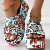 High Heeled Women's Slippers 2023 European Style Flower Pattern Comfy Walking Shoes Plus Size Summer Outside Lady