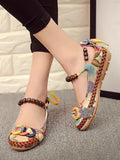 Size Flat Shoes Woman Beaded Strap Women Colorful Back Lace up Fashion Ladies Floral Cotton Fabric Women's