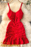 New Sexy V-neck Spaghetti Strap Sleeveless Mini Bodycon Dress Summer Women Slim Waist Drawstring Ruched Ruffles Party