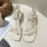 Women Sandals Square Toe High Heels Cross Strap Women Shoes Casual Gladiator Sandals Lace Up Footwear Zapatillas