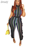 Women Fashion Striped Jumpsuits Ruffles Bodycon Rompers Designer New Elegant Sleeveless Ladies Office Playsuits