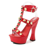 Rivet Women Slides Summer Pumps T-Belt Hollow Out Sexy Pole Dancing Shoes Thick Platform Models High Heels Sandals