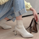 Fashion Women Boots Beige Pointed Toe Yarn Elastic Ankle Boots Thick Heels Shoes Autumn Winter Female Socks