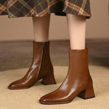 Autumn and Winter New Fashion Square Head Retro High Thick Heel Side Zipper Skinny Short Boots Women's All-match Nude