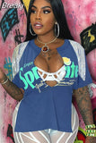 2023 Trendy Street Tassel T-Shirt Punk Style Fashion Printed Tops V Neck Side Slit Sexy Y2K Holiday Top Club Party