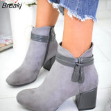 Red Tassel Ankle Shoes Women's Shoes Single Boots Autumn Winter Pointed Toe Thick With Short