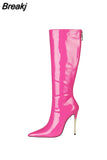 Toe Women's High Boots Sexy Metal Thin Heels Shoes Rose Red Shiny Leather Back Zipper Women's Winter High Boots
