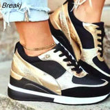 Autumn Winter New Color Matching Spring Low-top Daily Black Gold Breathable Round Toe Women Slope Heel Casual Female