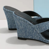 Fashion Denim High Heels Women Slippers Summer 2023 Open Toe Wedge Sandals Woman Plus Size Non Slip Beach Shoes