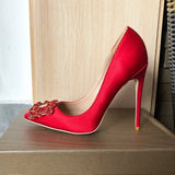 Square Rhinestones Women Rose Silk Satin Sexy Pointy Toe High Heel Wedding Bridal Shoes Elegant Ladies Stiletto