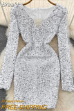 Sexy Women Sequins Glittering Mini Party Dress Elegant Mesh Patchwork V-neck Long Sleeve Slim Bodycon Club Velvet