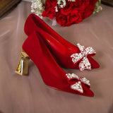 Elegant Ladies Red Silk Wedding Bride Shoes Pearl Bowknot Pointed Toe Pumps Women Sexy Party Dress High Heels Shoes
