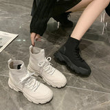 Boots Women Autumn New Knitted Elastic Short Ankle Boots Platform Lace Up Casual Outdoor Sports Short Botines Black