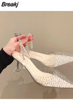 Transparent Sandals 2023 Summer New Baotou Flat Shoes Crystal Low-heeled Women's Shoes Back Strap Sandalias