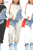Fall Winter Casual Hoody Two Piece Sets Women Outfits Fashion Denim Splicing Long Sleeve Pullover And Pants