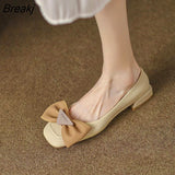 Autumn Leather Commuter Bow Stitching Square Toe Low-heeled Flat Shoes Women's Beige White Yellow Shallow Mouth 35-40