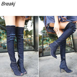 Autumn Women High Heels thigh high boots Female Shoes Hot Over The Knee Boots Peep Toe Cowboy Boots Denim shoes