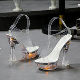 Color Square Heel Women Sandals Light Up Glowing Shoes Luminous Clear Sandals Platform Shoes High Heel 15cm Transparent