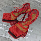Fashion Sandals, Mesh Breathable Square Head Lace-up Women's Shoes, Women Sexy Seductive Mesh High Heels,