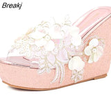 Summer Flower Decoration Platform Wedges Sandals Women Fashion Silver High Heels Female Summer Gold Shoes Size