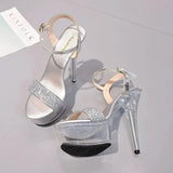 New Sexy Women Shoes High Heels 15cm Summer Woman Transparent Crystal Platform Sandals Plus Size Thin Heels Wedding
