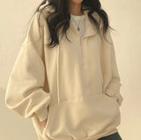 Women Hoodie Harajuku Loose Oversized Solid Color Top Half Zip Up Sweatshirt Female Casual Long Sleeve Pocket Hooded Coats