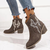 Embroidery Faux Suede Western Boots Women Pointed Toe Retro Cowgirl Boots Woman 2023 Slip On Thick Heels Ankle