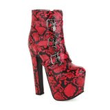 Women Ankle Boots Sexy Clube Four Seasons Snakeskin Print Booties Bat Belts Decorate PU Leather Chunky High Heel Platform