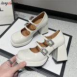 red High Heels Platform Pumps Women's Square Toe Thick Heels Mary Janes Woman pu Leather High Heels Shoes Party