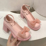 New Mary Jane Fashion Bow Buckle Women Shoes High Heels Chunky Dress Pumps Designer Goth Shallow Ladies Zapatillas
