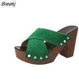Women Sandals 2020 New Square High Heel Platform Flock Casual Rivet Pumps Peep Toe Female Elegant Ladies Shoes Zapatos De