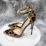 Ankle Strap Women Leopard Pointy Toe High Heel Shoes Summer Sexy Ladies Fashion Party Dress Stiletto Pumps 120 100