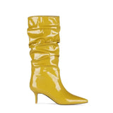 Women Mid-Calf Boots Sexy Solid Color Leather Folds Boots Pointed Toe Thin Heels Stiletto Party Shoes Large Size