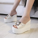 Rhinestone Wedges Heel Women Slippers Platform Shoes Peep Toe Height Increasing Slides Ladies Sandals Zapatos De