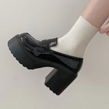 High Heels Loafers Women 2023 Autumn Patent Leather Chunky Platform Pumps Woman Slip On Black Jk Uniform Shoes Mary