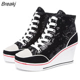 Top Women Height Increasing Wedges Lace Up Shoes Flats Casual Ankle High Top Sliver Canvas Shoes Glitter Sequins Plue