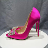 Square Rhinestones Women Rose Silk Satin Sexy Pointy Toe High Heel Wedding Bridal Shoes Elegant Ladies Stiletto